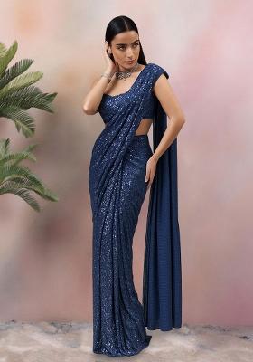 Blue Sequin Net Pre Draped Saree Set