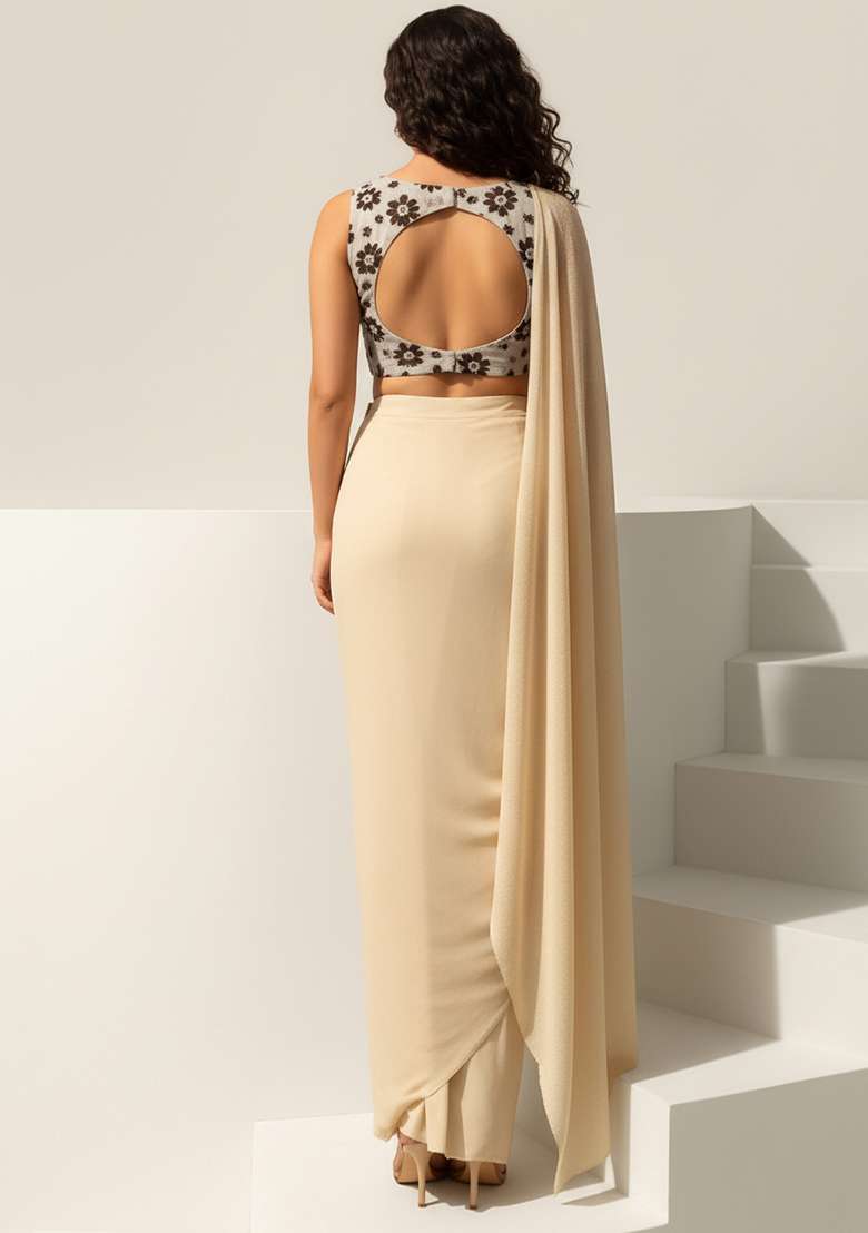 Brown Embroidered Net Fusion Set for Diwali and Festive Wear - Indya