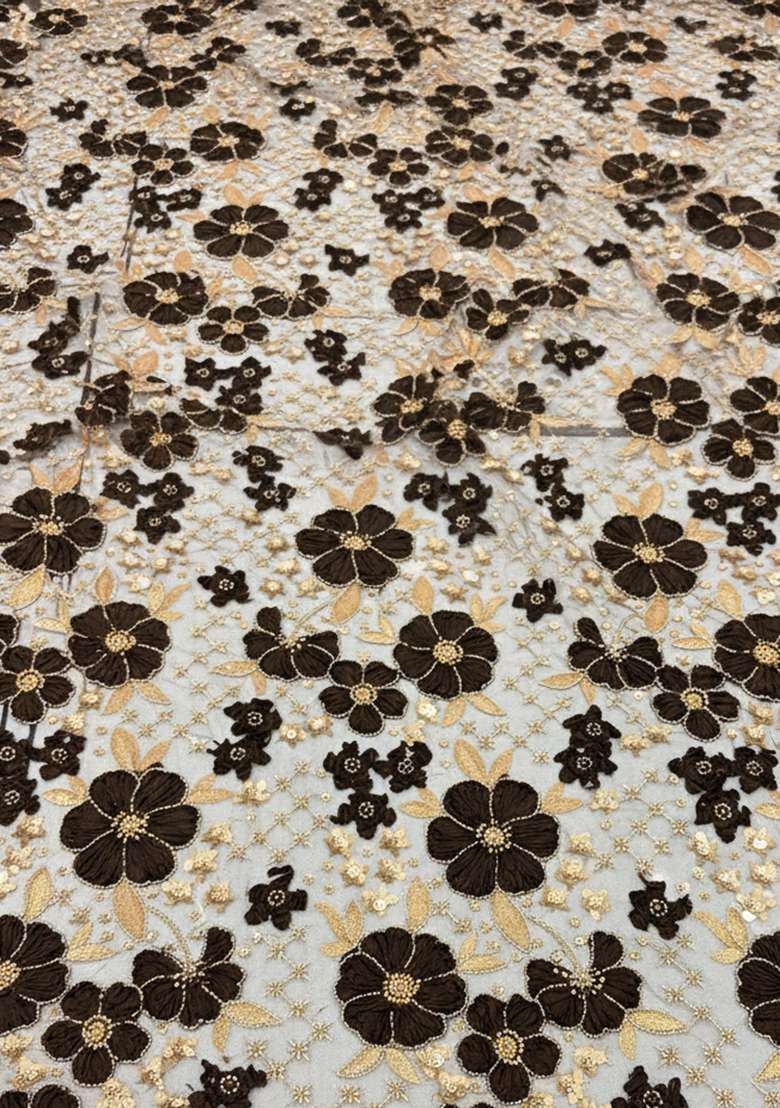 Brown Embroidered Net Fusion Set for Diwali and Festive Wear - Indya