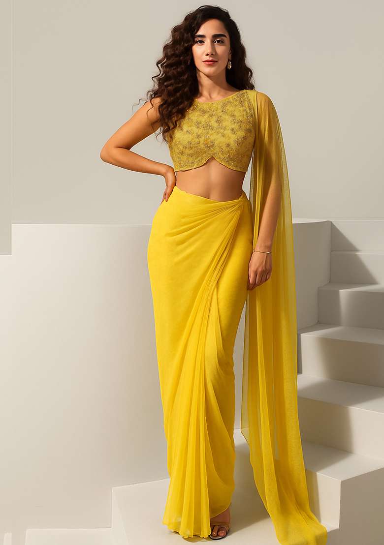 Yellow Net Fusion Set with Embroidered for Diwali | Wedding & Festive Wear - Indya