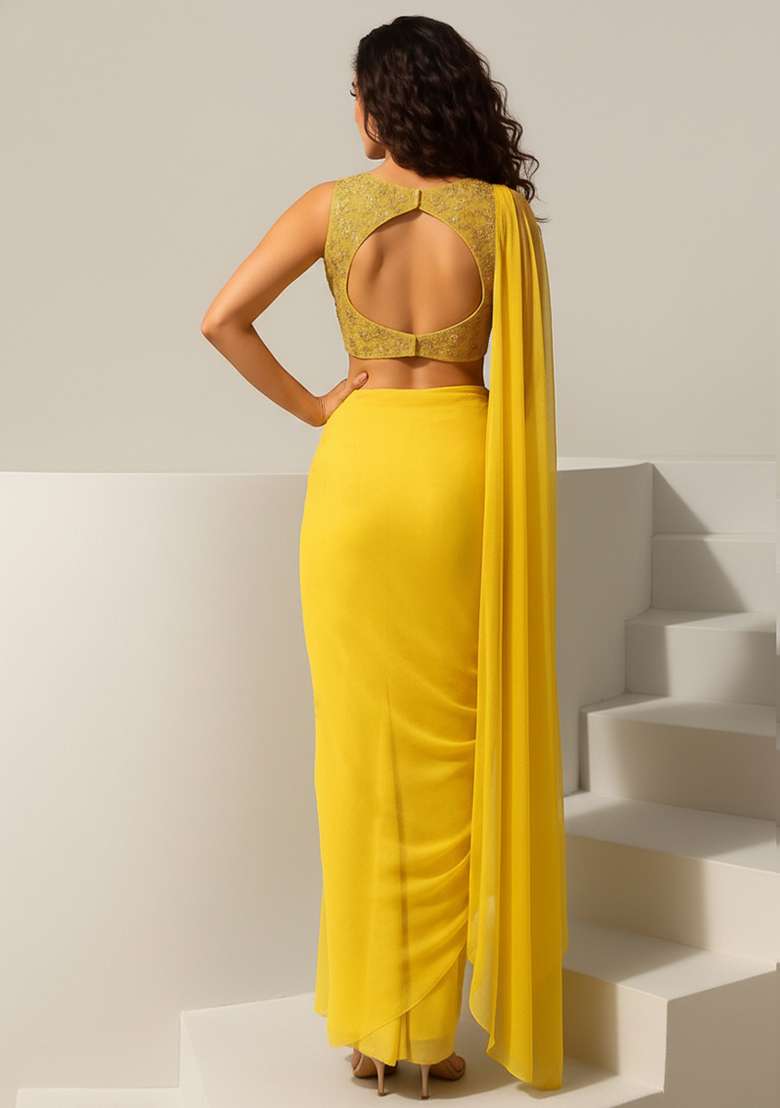 Yellow Net Fusion Set with Embroidered for Diwali | Wedding & Festive Wear - Indya