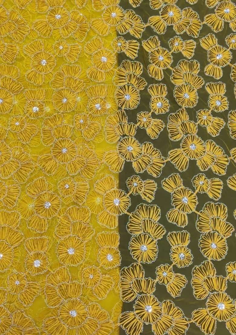 Yellow Net Fusion Set with Embroidered for Diwali | Wedding & Festive Wear - Indya