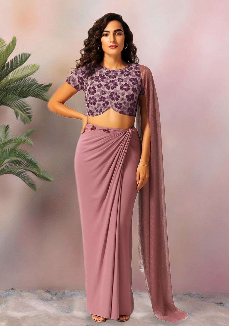 Pink Embroidered Net Fusion Set - Indya