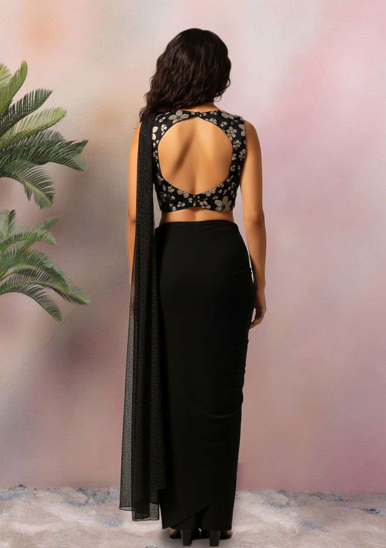 Black Embroidered Net Fusion Set - Indya