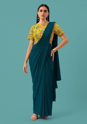 Yellow Figure Print Pre Draped Saree Set