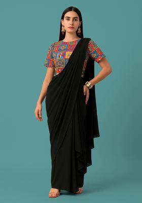 Yellow Figure Print Pre Draped Saree Set