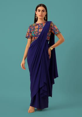 Orange Figure Print Pre Draped Saree Set