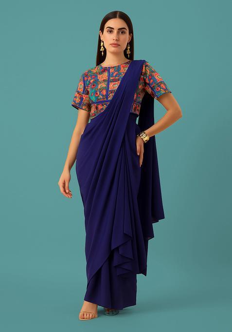 Orange Figure Print Pre Draped Saree Set