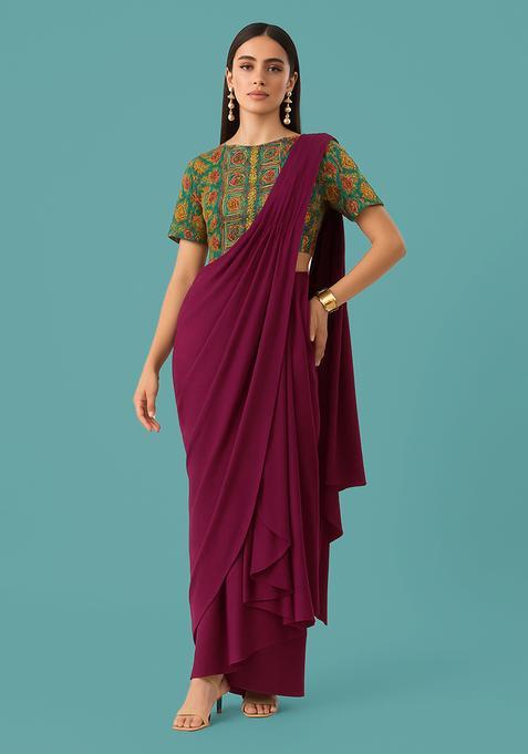 Green Figure Print Pre Draped Saree Set