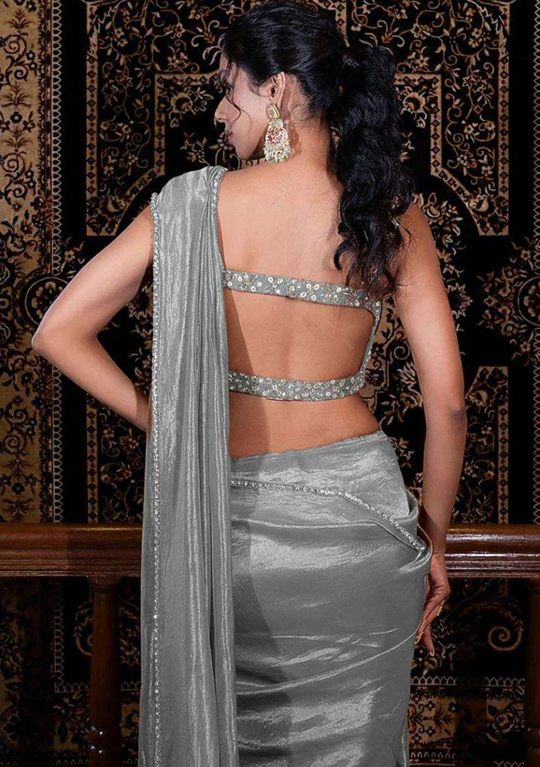 Grey Embroidered Net Pre Draped Saree Set - Indya