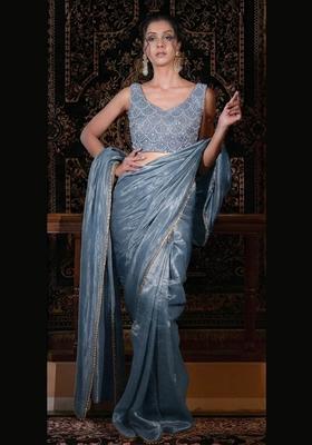 Blue Embroidered Net Pre Draped Saree Set