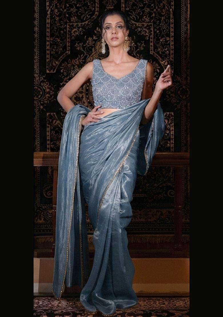 Blue Embroidered Net Pre Draped Saree Set - Indya