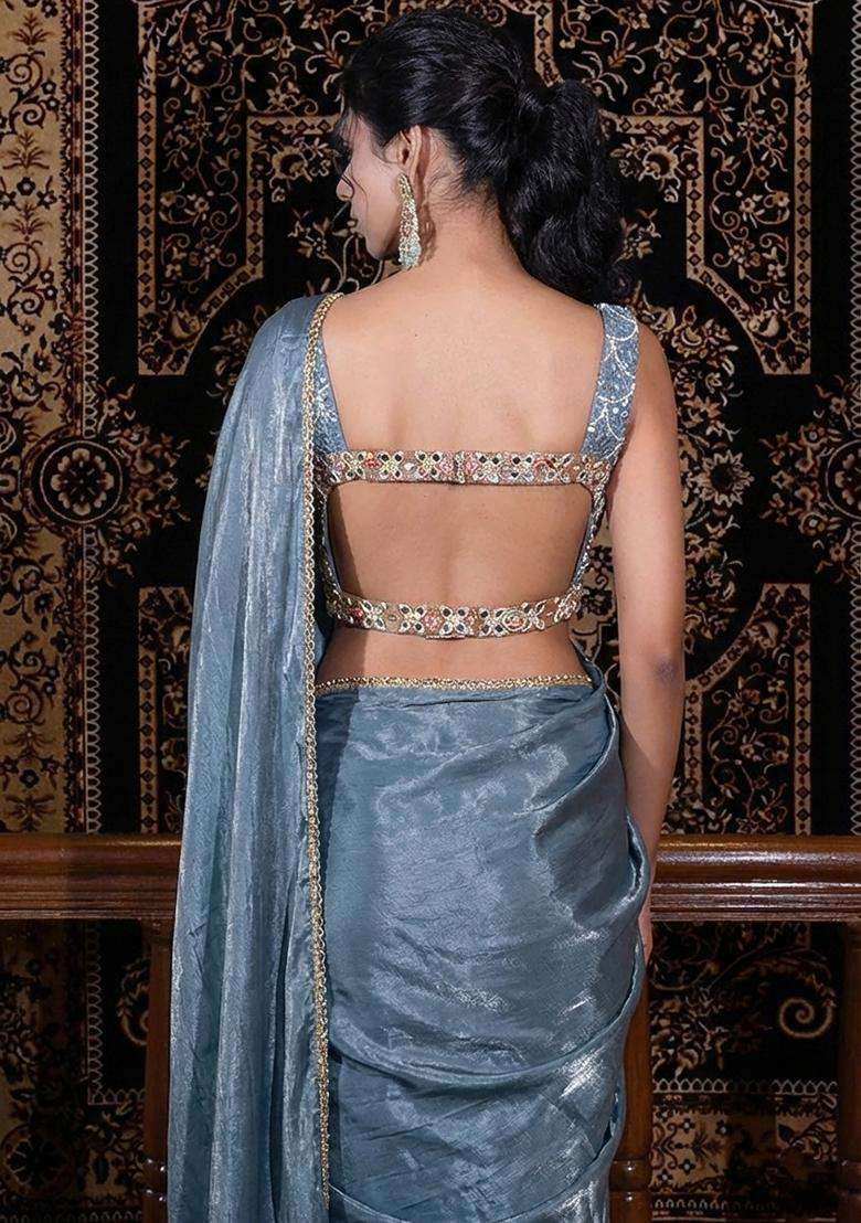 Blue Embroidered Net Pre Draped Saree Set - Indya