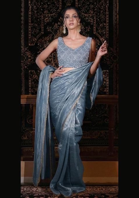 Blue Embroidered Net Pre Draped Saree Set