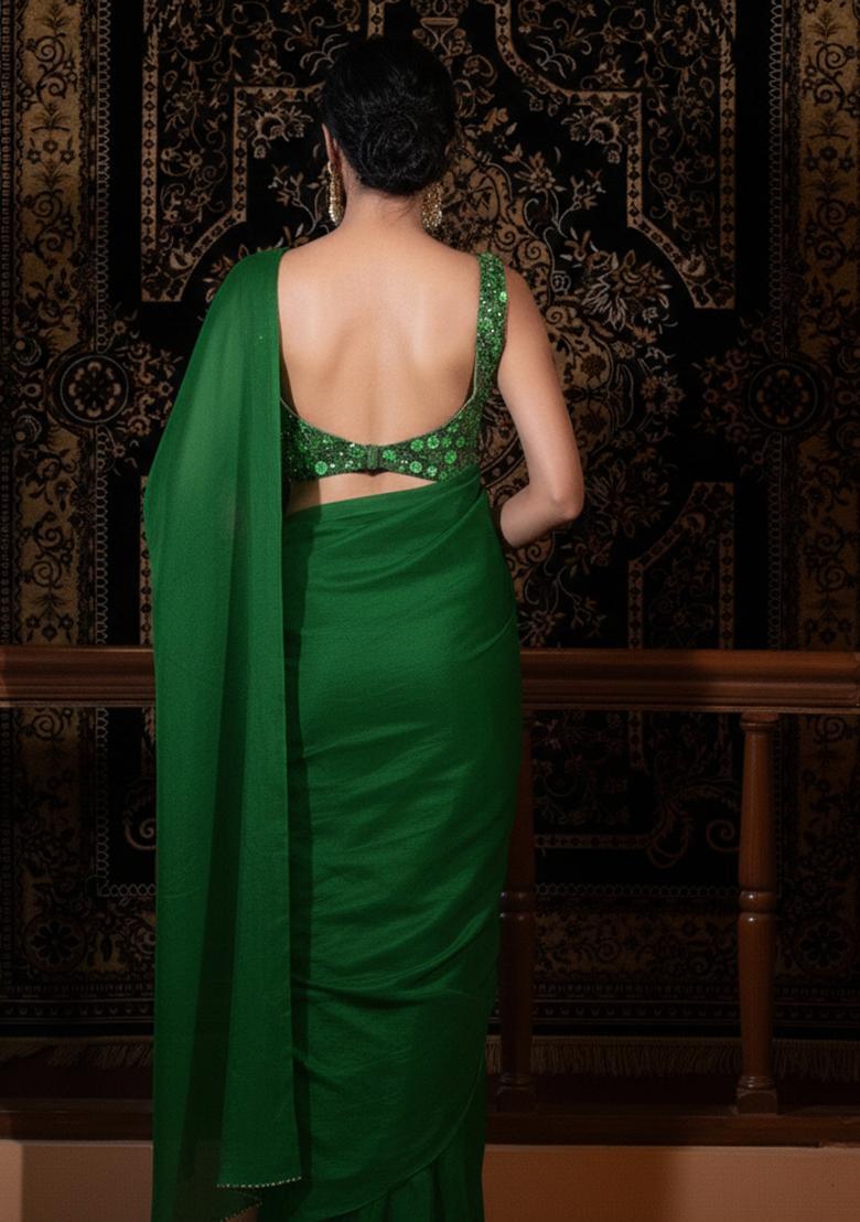 Green Embroidered Net Pre Draped Saree Set - Indya