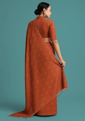 Orange Embellished Linen Pre Draped Saree Set