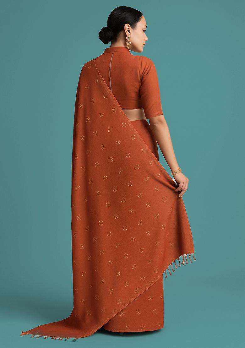 Orange Embellished Linen Pre Draped Saree Set for Diwali | Wedding & Festive Wear - Indya