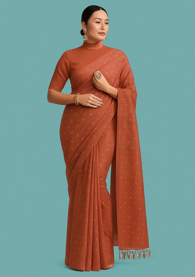 Orange Embellished Linen Pre Draped Saree Set - Indya