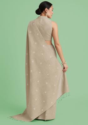 Grey Embellished Linen Pre Draped Saree Set