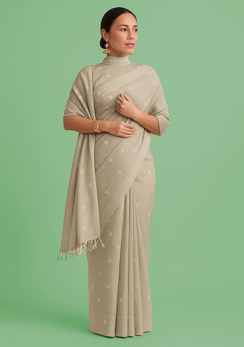 Grey Embellished Linen Pre Draped Saree Set - Indya