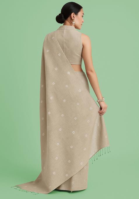 Grey Embellished Linen Pre Draped Saree Set