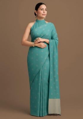 Blue Embellished Linen Pre Draped Saree Set