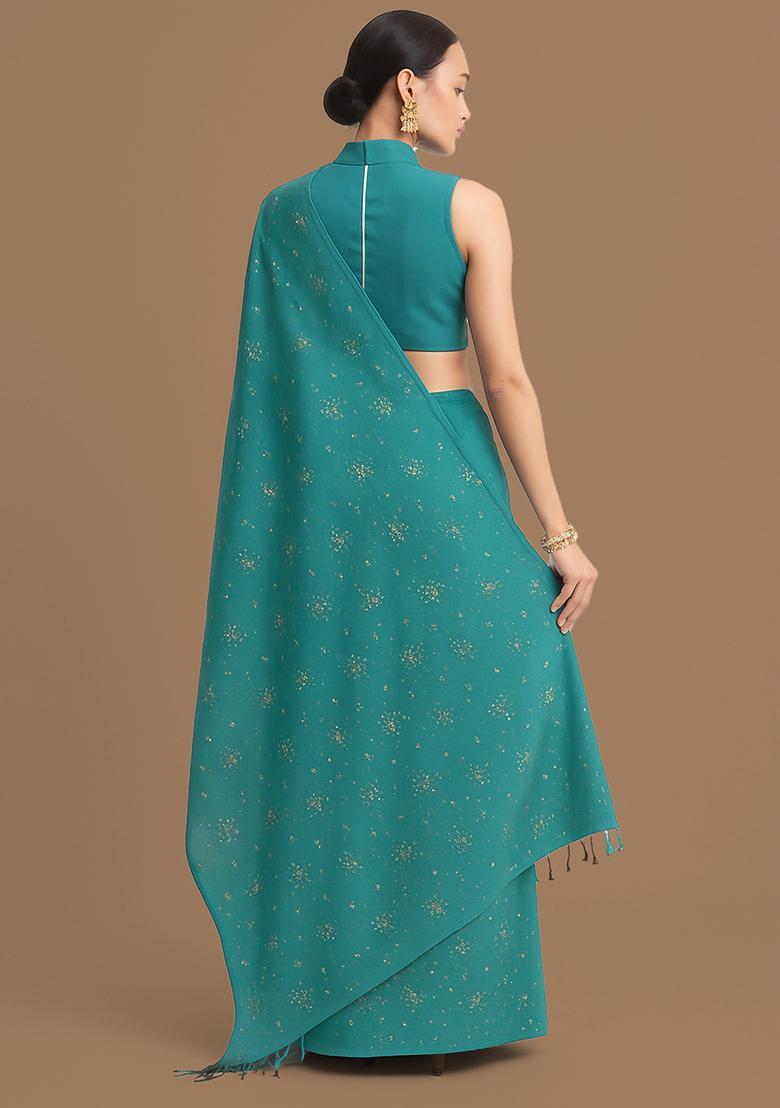 Blue Embellished Linen Pre Draped Saree Set - Indya