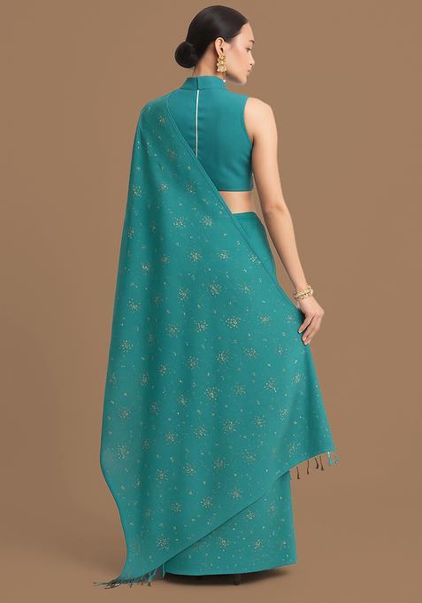 Blue Embellished Linen Pre Draped Saree Set