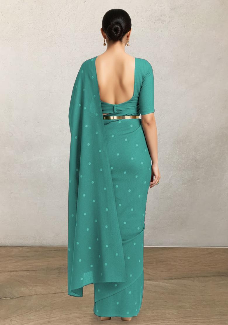 Blue Embellished Linen Pre Draped Saree Set - Indya