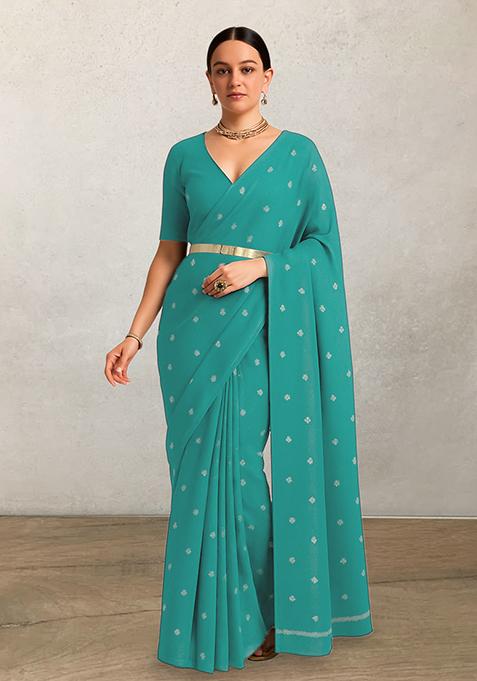 Blue Embellished Linen Pre Draped Saree Set