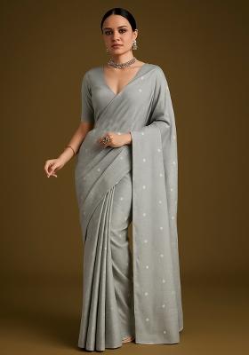 Powder Blue Embellished Linen Pre Draped Saree Set