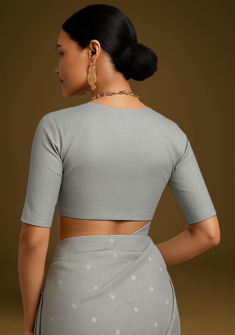 Powder Blue Embellished Linen Pre Draped Saree Set - Indya