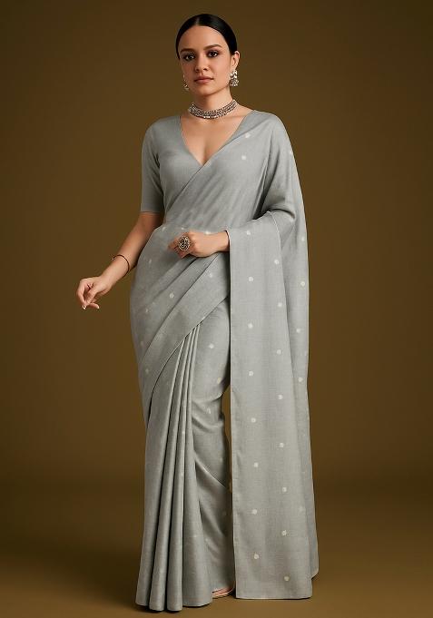 Powder Blue Embellished Linen Pre Draped Saree Set