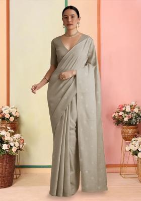 Brown Embellished Linen Pre Draped Saree Set
