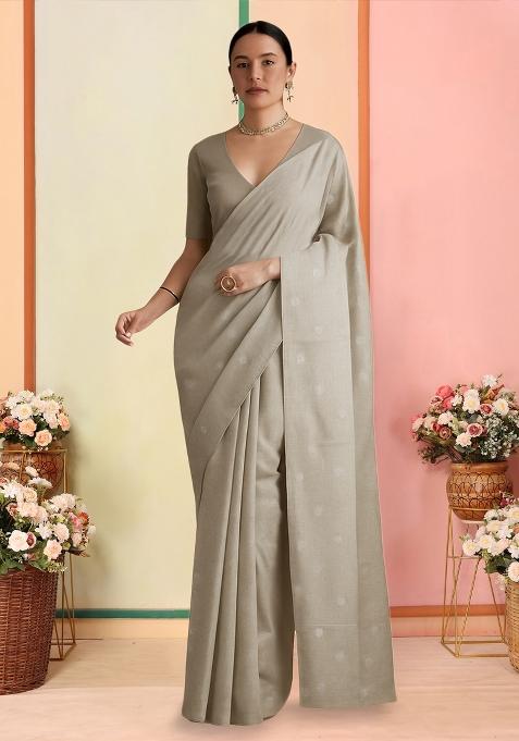 Brown Embellished Linen Pre Draped Saree Set