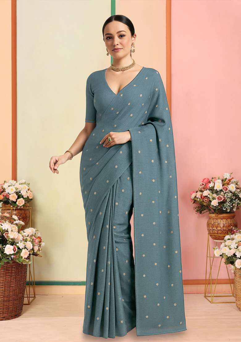 Blue Embellished Linen Pre Draped Saree Set - Indya