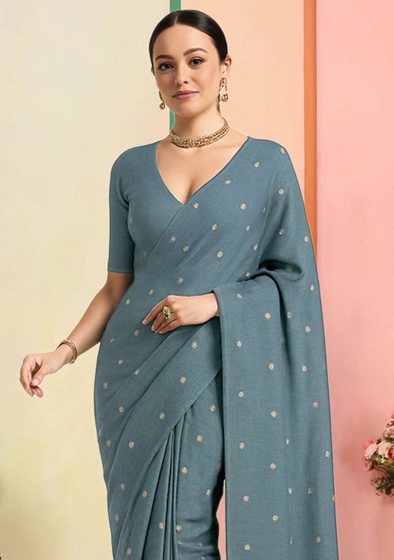 Blue Embellished Linen Pre Draped Saree Set - Indya