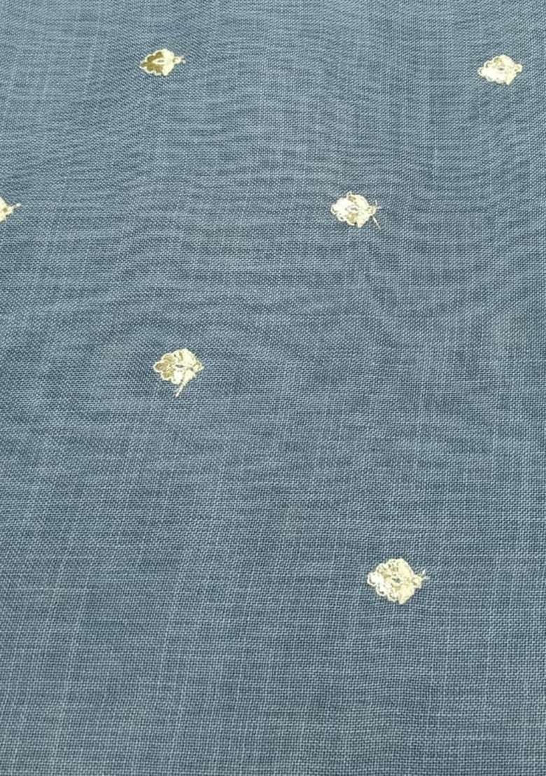 Blue Embellished Linen Pre Draped Saree Set - Indya