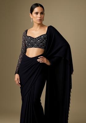 Black Embroidered Net Pre Draped Saree Set
