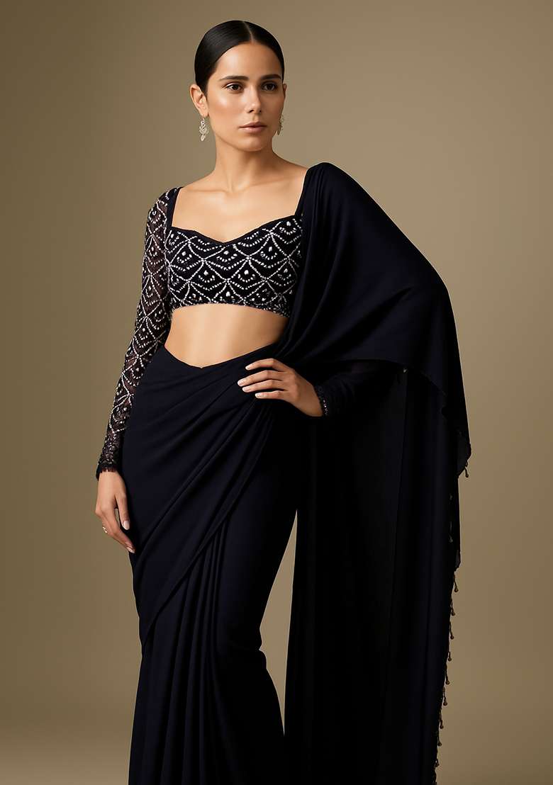Black Embroidered Net Pre Draped Saree Set - Indya