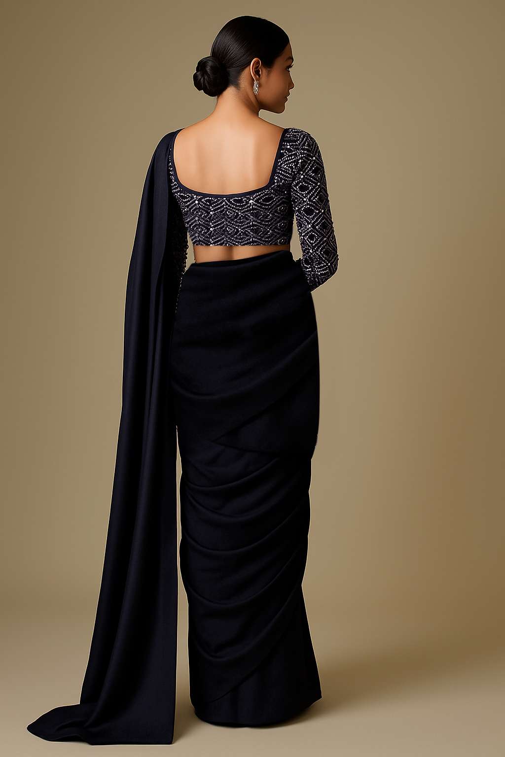 Black Embroidered Net Pre Draped Saree Set - Indya