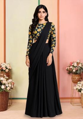 Black Figure Print Pre Draped Saree Set