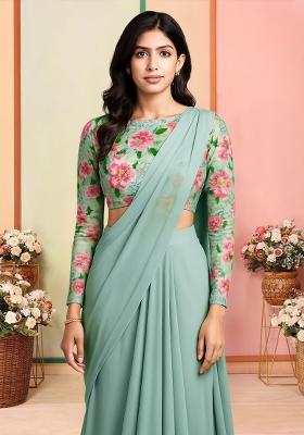 Green Embroidered Pre Draped Saree Set