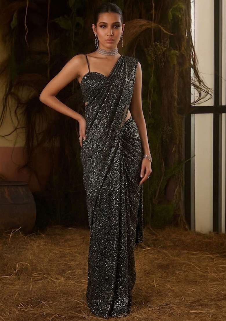 Purple Embellished Lurex Pre Draped Saree Set for Diwali and Festive Wear - Indya