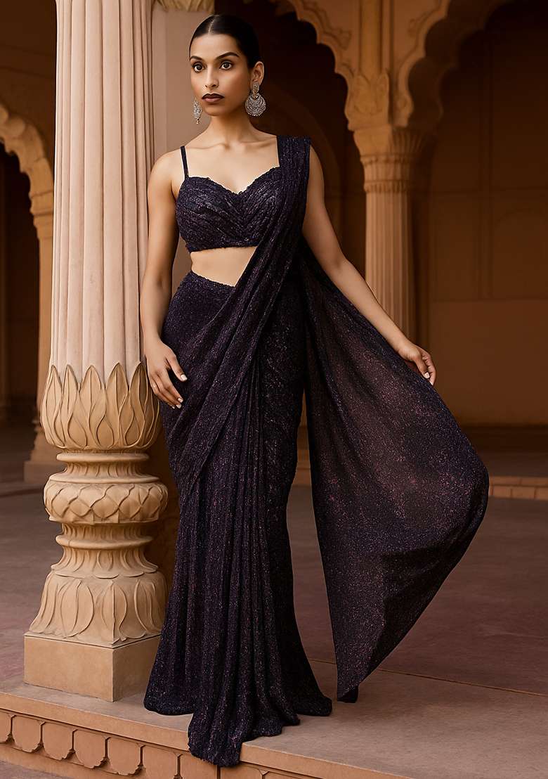 Purple Embellished Lurex Pre Draped Saree Set for Diwali and Festive Wear - Indya