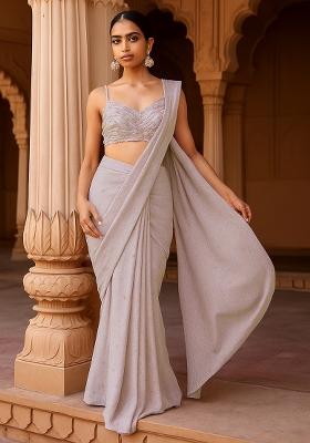 Pink Textured Chiffon Pre Draped Saree Set