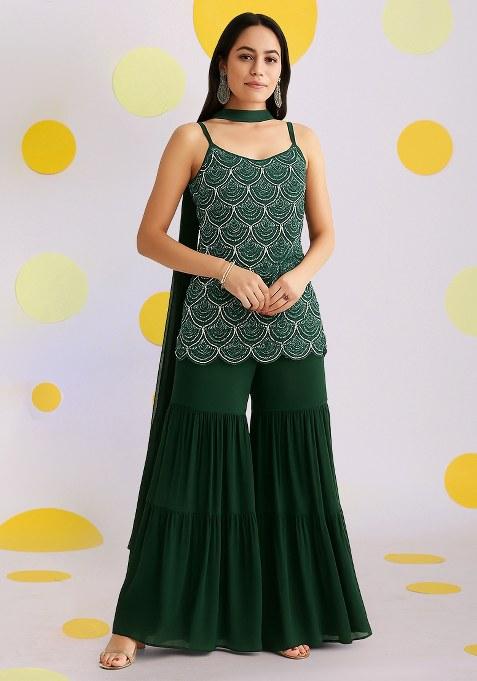 Deep Green Embellished Net Pre Draped Saree Set