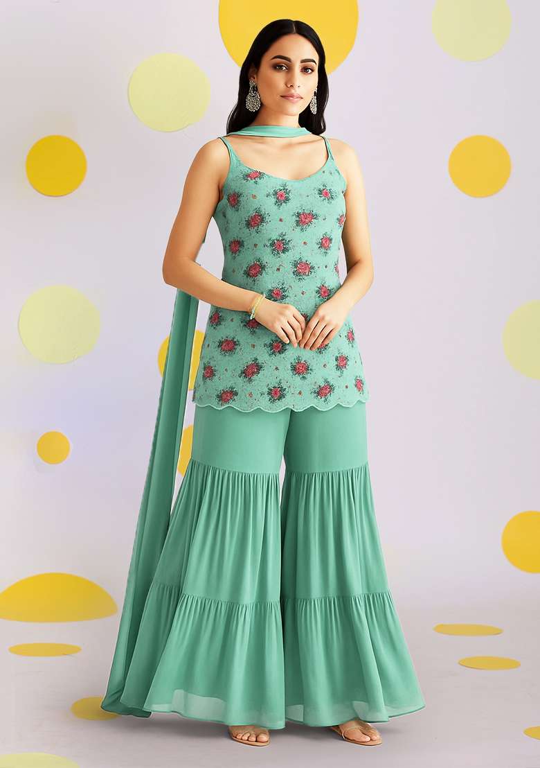 Â&nbsp;Sage Green Floral Printed Poly Blend Sharara Set - Indya