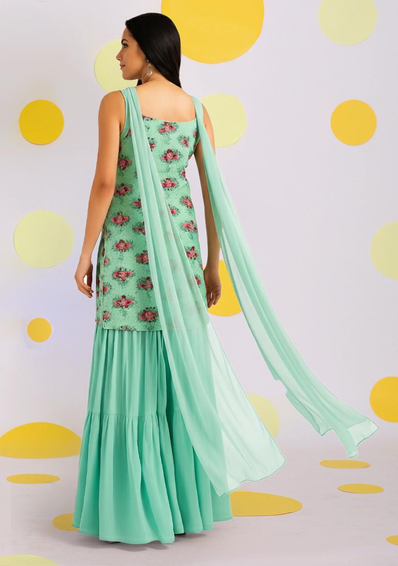 Â&nbsp;Sage Green Floral Printed Poly Blend Sharara Set - Indya
