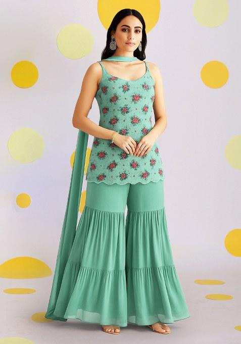 Sage Green Floral Printed Poly Blend Pre Draped Saree Set